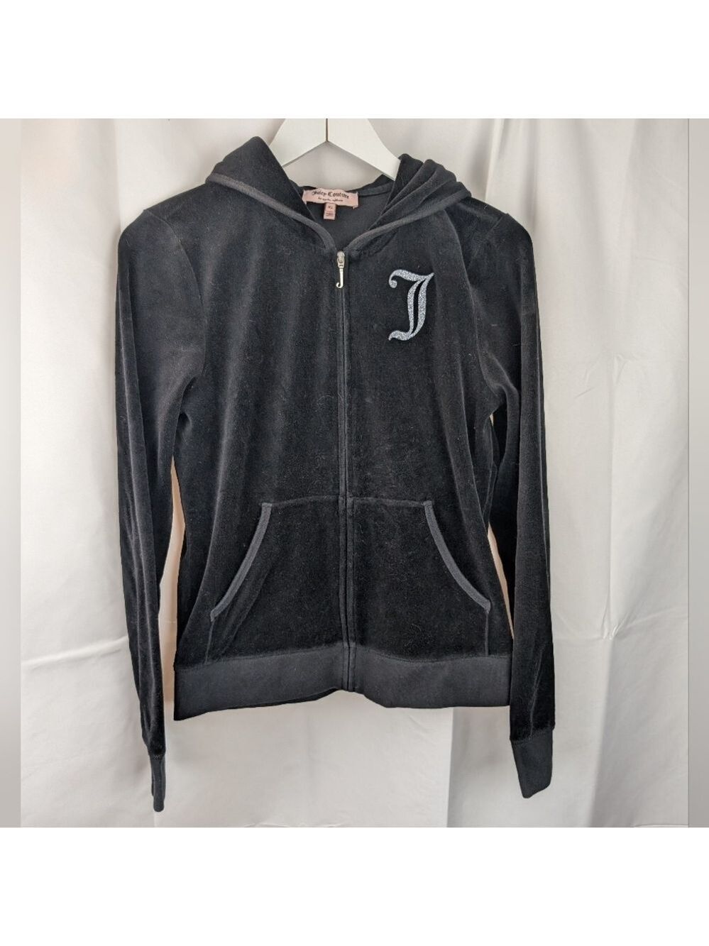 Juicy Couture Vintage Y2K Black Zip-Kp Hoodie with Silver Print Size XL In EUC